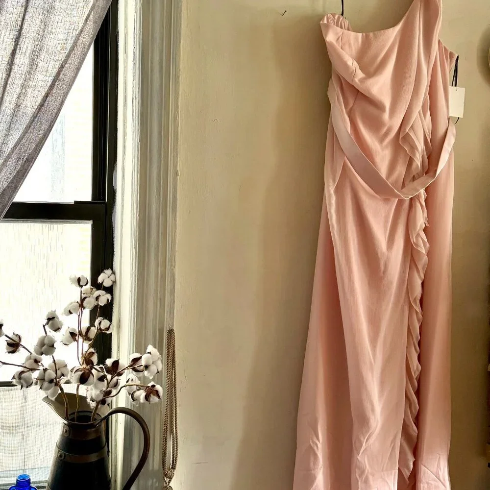 Vera Wang "WHITE" David's Bridal blush one shoulder ruffle maxi dress 2X - Picture 3 of 12